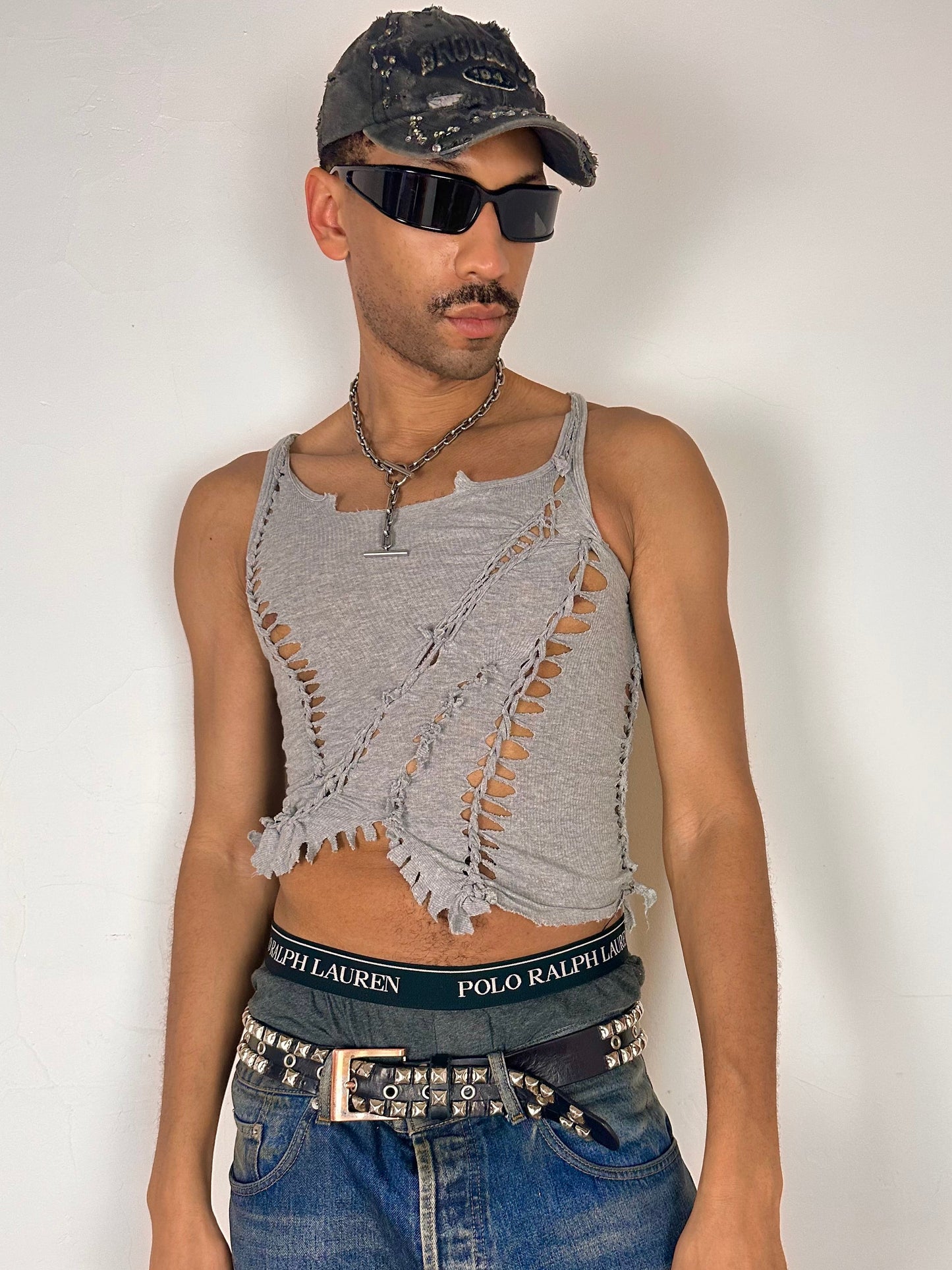 Styled image of ASTROBOI* Fog gray braided twist tank top with cut-outs and fringe hem, size Medium, close fit, customized in NYC