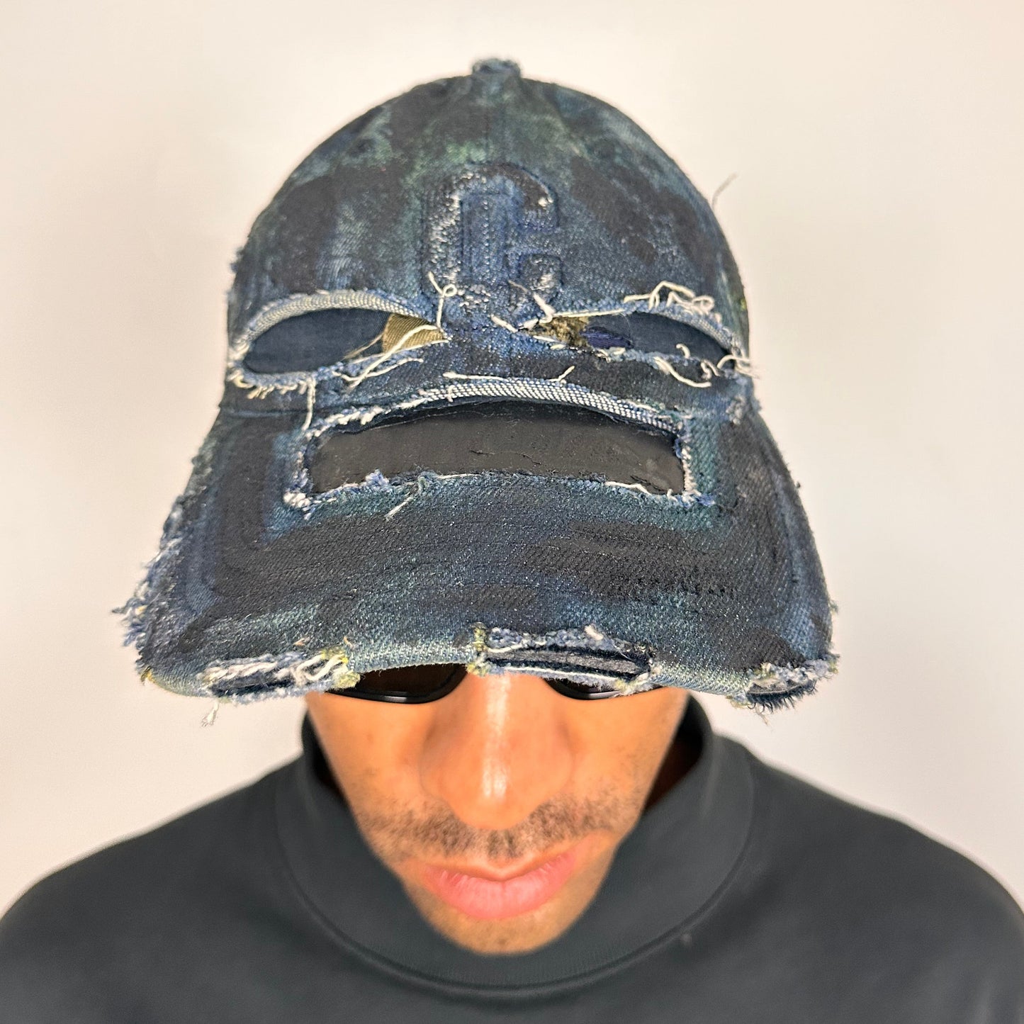 ASTROBOI* 'C' Black & Blue Faded Denim Deconstructed Hat