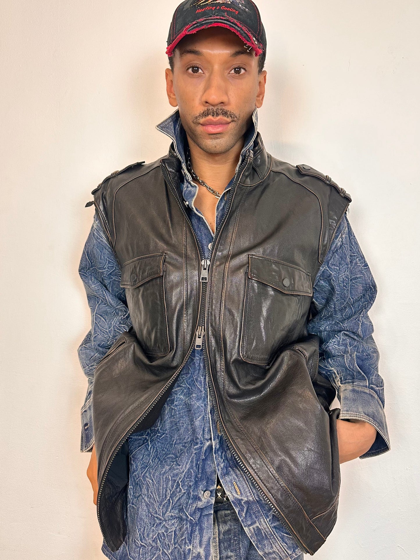 ASTROBOI* BROWN LEATHER SLEEVELESS BIKER JACKET_ 3XL