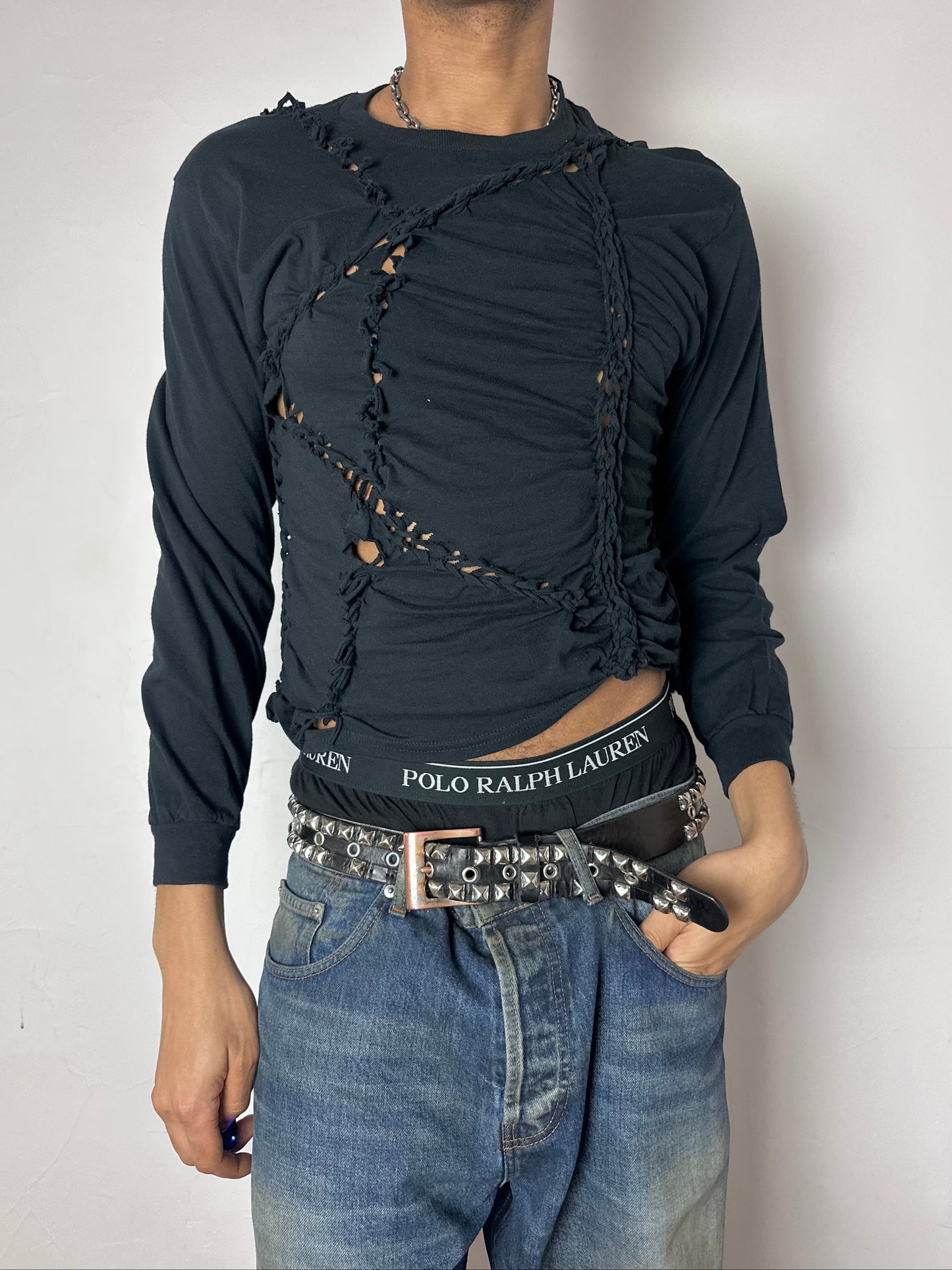 Male model wearing ASTROBOI* x Hanes 'Svart' black braided twist long sleeve t-shirt, styled full look, ASTROBOI* STUDIO NYC.