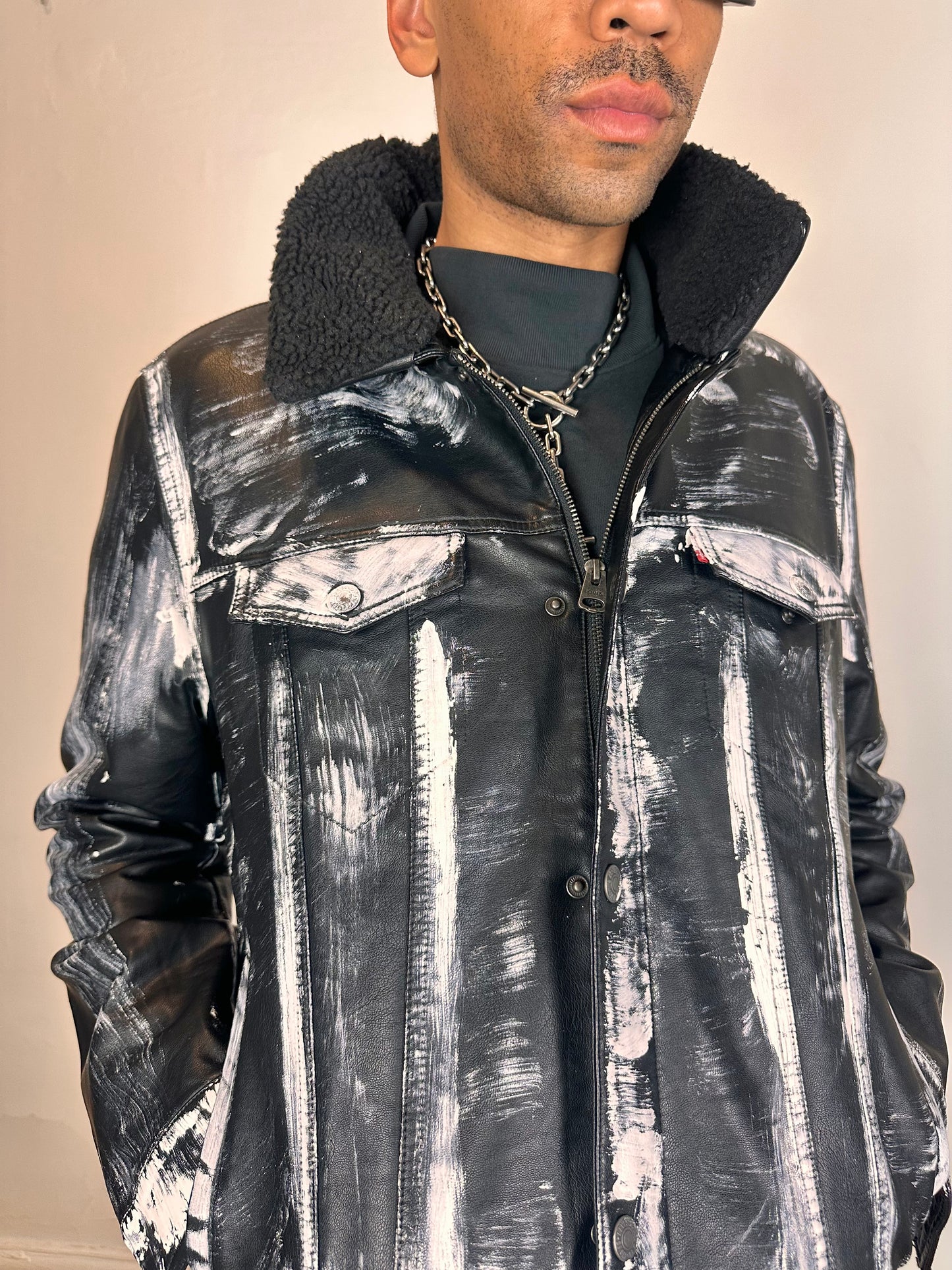 ASTROBOI* LEVIS Black Faux Leather Painted Jacket - XL