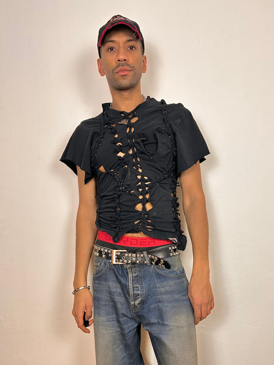 Front styled view of ASTROBOI* x Dickies navy short sleeve T-shirt with braided and twisted knot detailing, size large, relaxed slim fit, custom upcycled design.