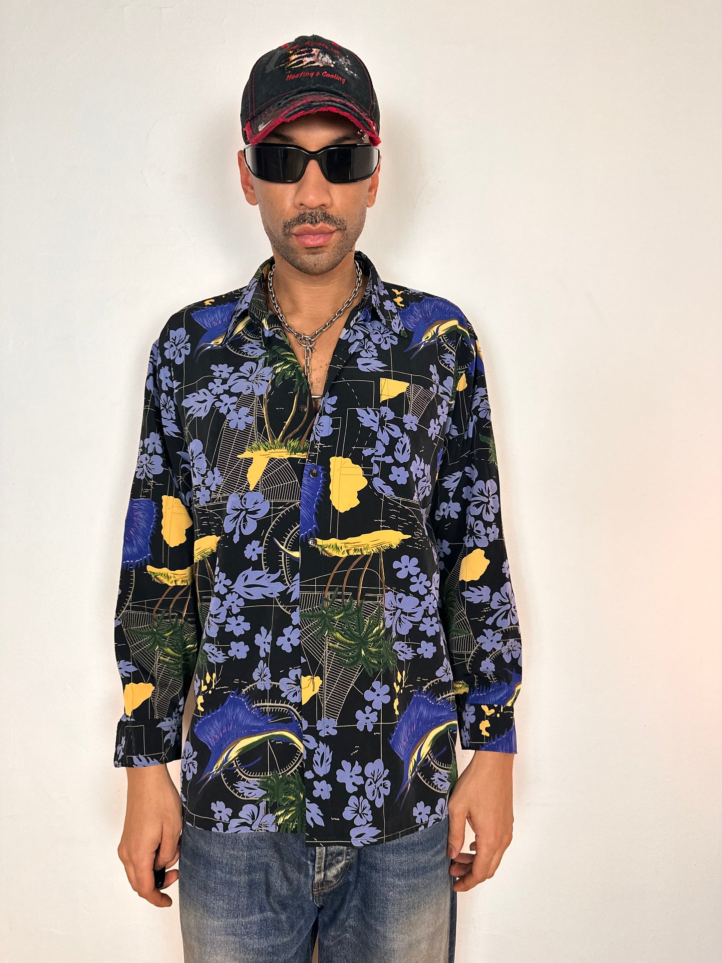 Vintage Hawaiian Black Long Sleeve Button Up Shirt - Large