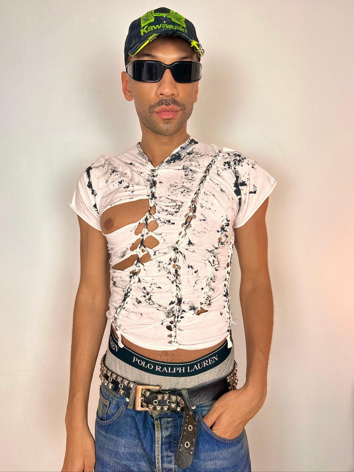 Overview of ASTROBOI* x Gildan white and black braided twist T-shirt with slashed detailing and hand-painted design, slim fit, size Medium