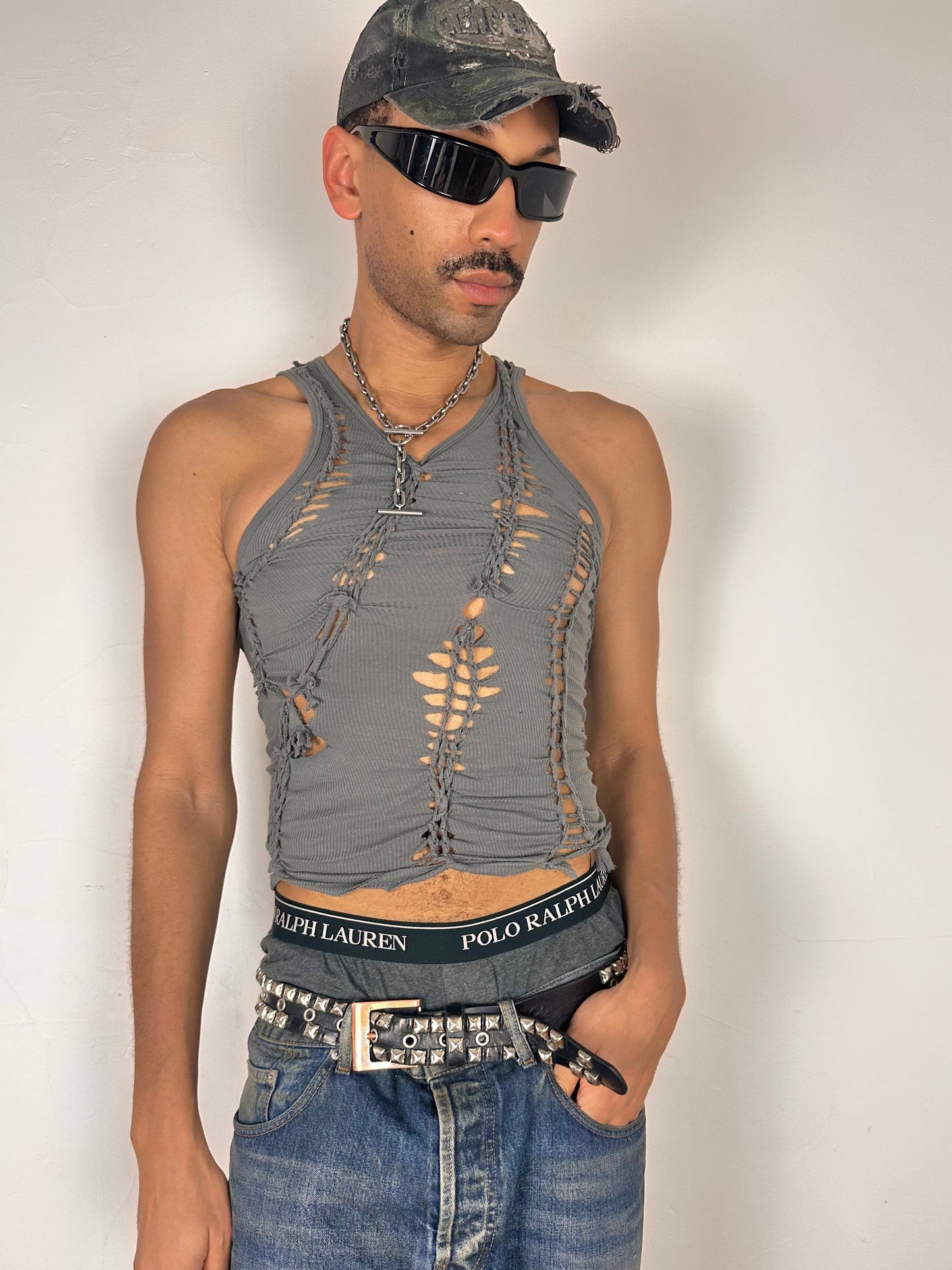 Styled image of ASTROBOI* Slate gray braided twist tank top with cut-outs and close-to-body fit, size Large, customized in NYC