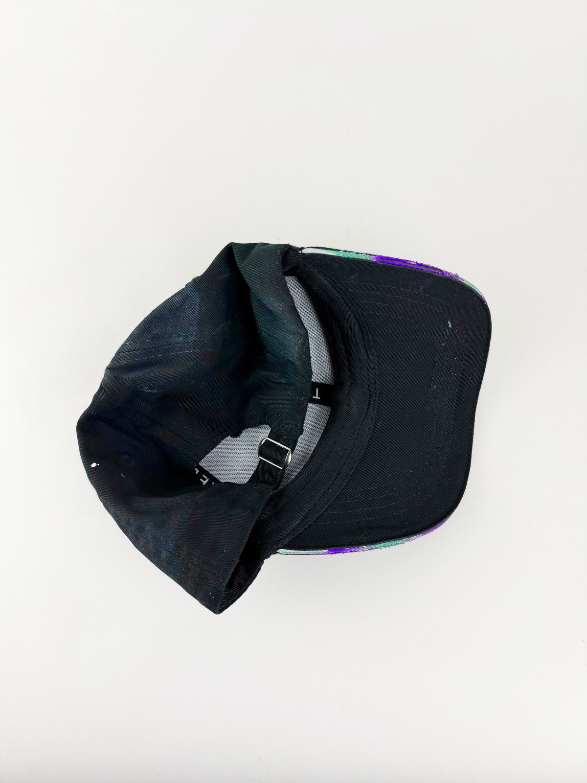 ASTROBOI* x Kawasaki 'Cold Visions' black rhinestone studded hat, rear view showing adjustable strap closure and reworked construction.