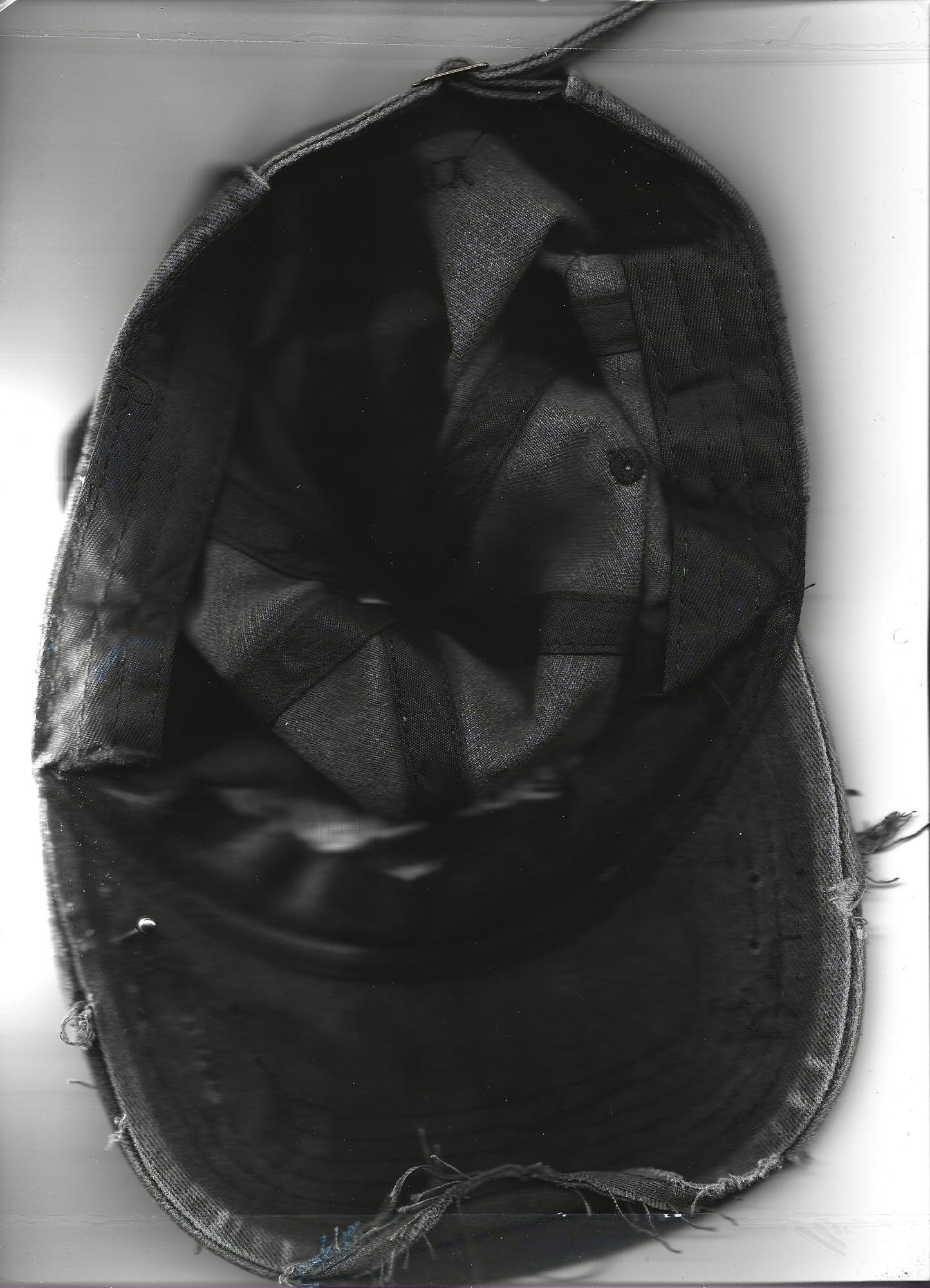 ASTROBOI* 'North Star' black and blue distressed painted hat with "New York" embroidery and black, white, and blue hand-painted design, back view scanned.