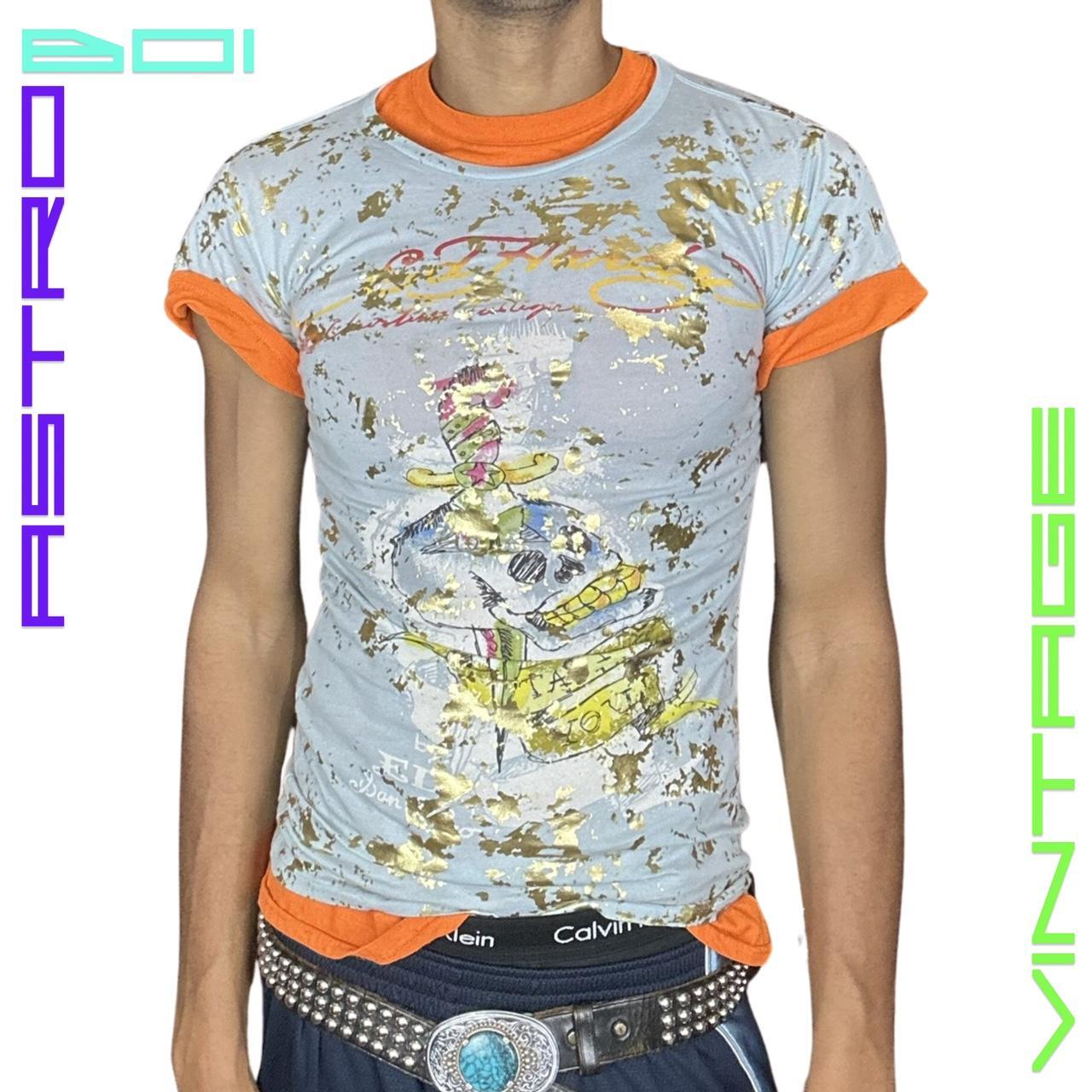 VINTAGE ED HARDY GOLD FOILED TATOO PRINT T-SHIRT _ BABYBLUE _ SMALL