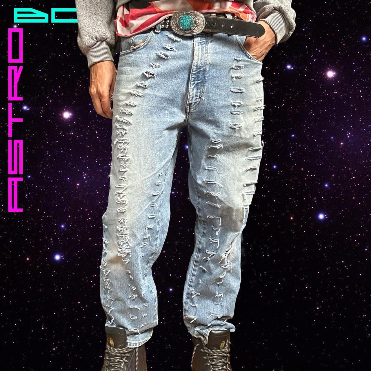 ASTROBOI* CUSTOM LIGHT BLUE RIPPED HYPER FADED JEANS _ 35x34"