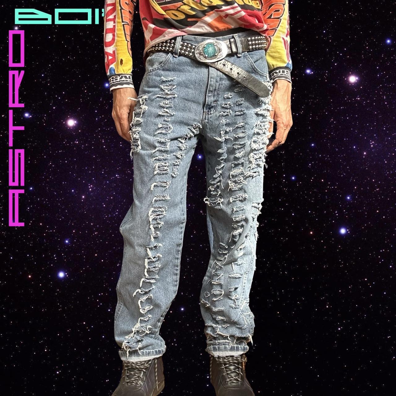 ASTROBOI* CUSTOMIZED WRANGLER MEDIUM BLUE RISE RIPPED JEANS _ 34x34"