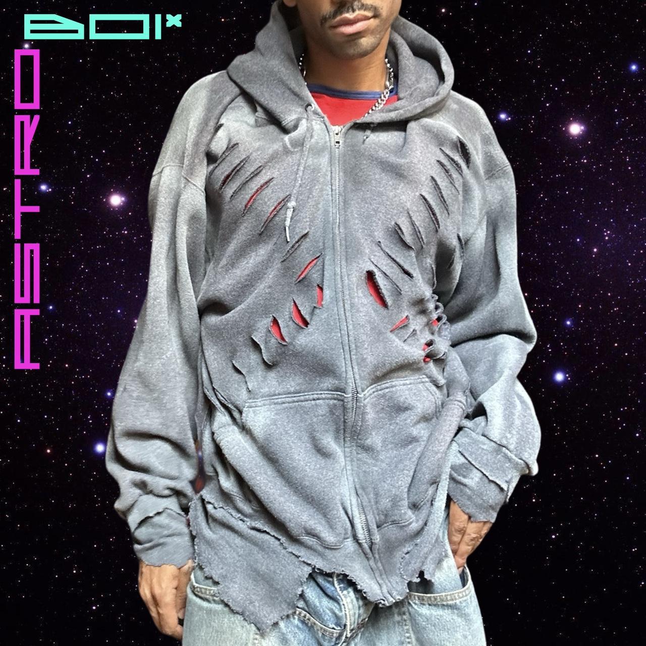 ASTROBOI* GRAY DECONSTRUCTED RIPPED OVERSIZED ZIP UP HOODIE_ 2XL
