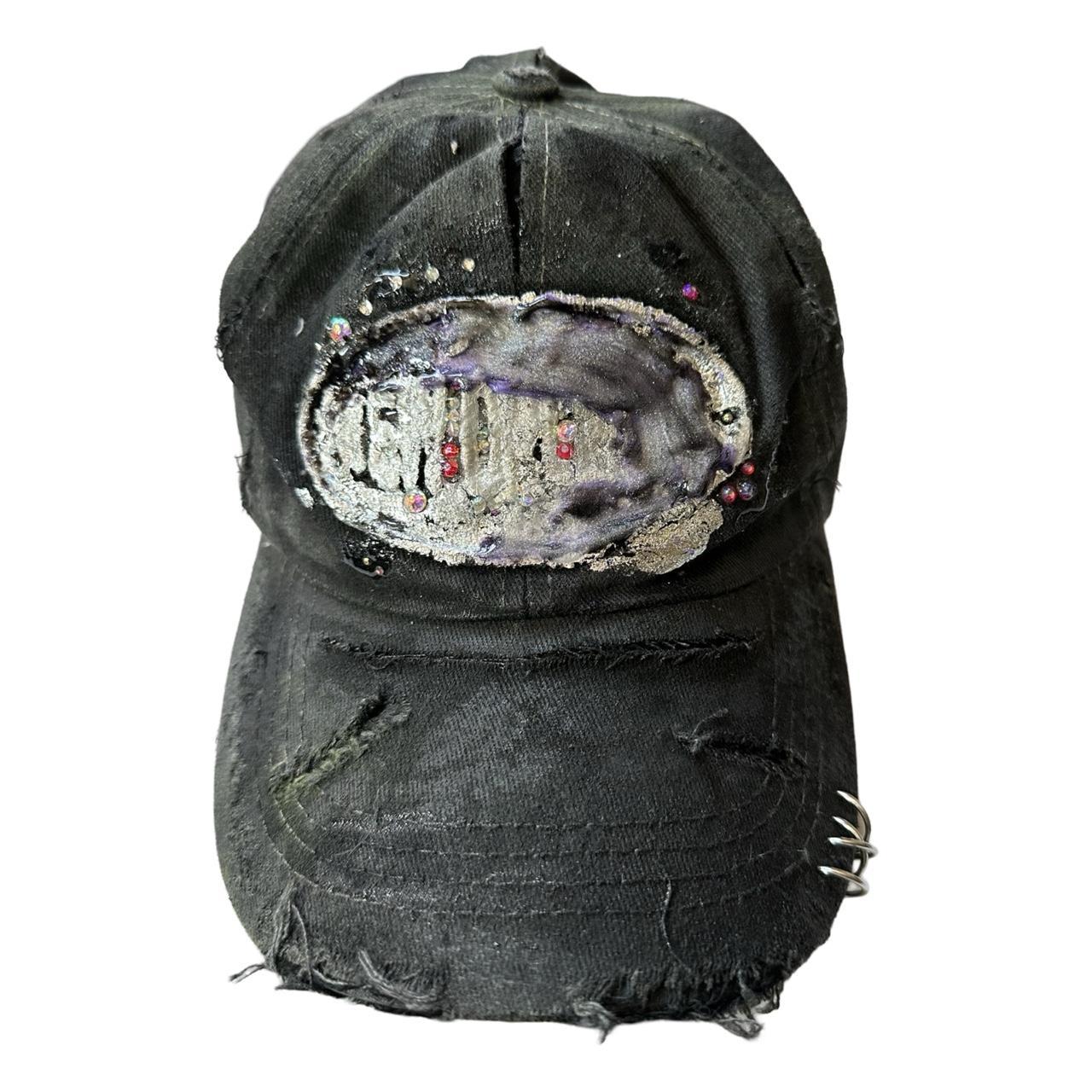 ASTROBOI* ‘Cosmos’ Black Distressed Hat – Rhinestone Metallic Resin Streetwear Cap, flat front