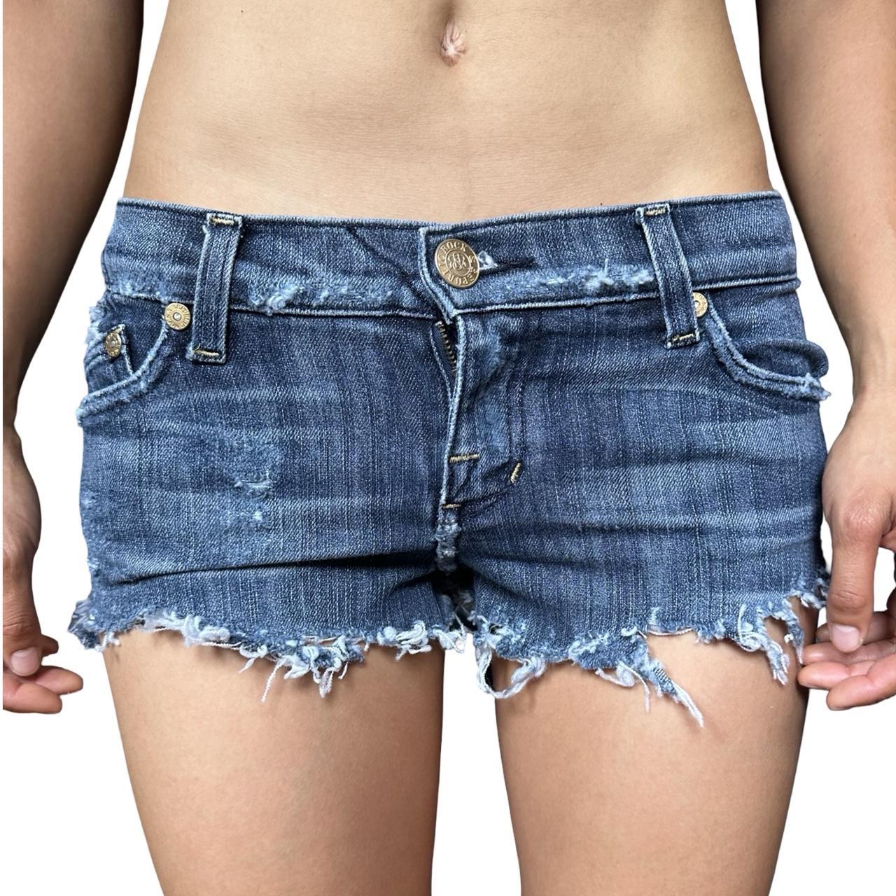 Rock & Republic Y2K Distressed Blue Denim Low Rise Mini Shorts - front