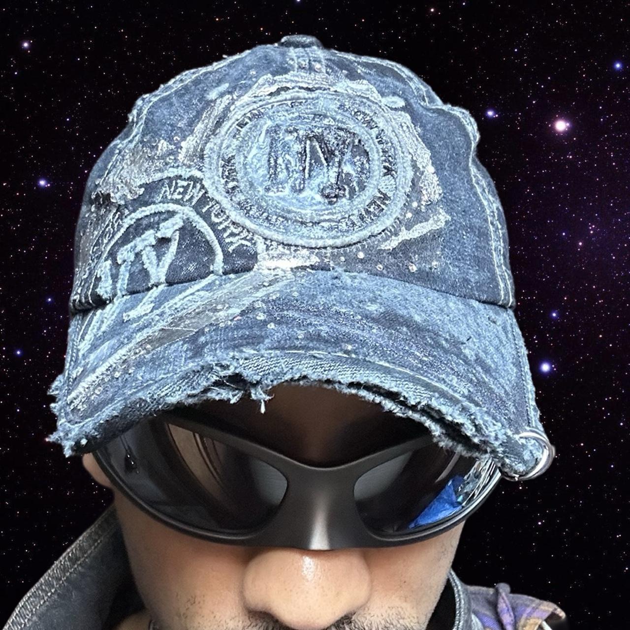 ASTROBOI* Y2K Faded Blue Denim Rhinestone Resin Hat, front
