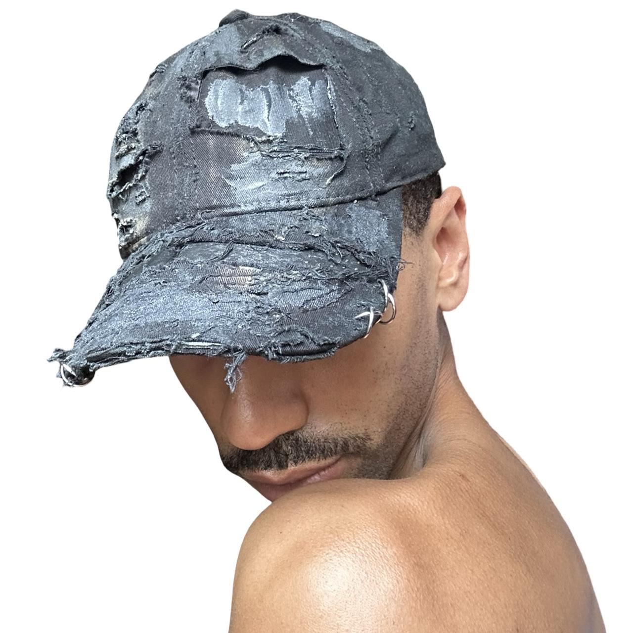 ASTROBOI* 'Thrashed' Black Distressed Denim Pierced Hat - front