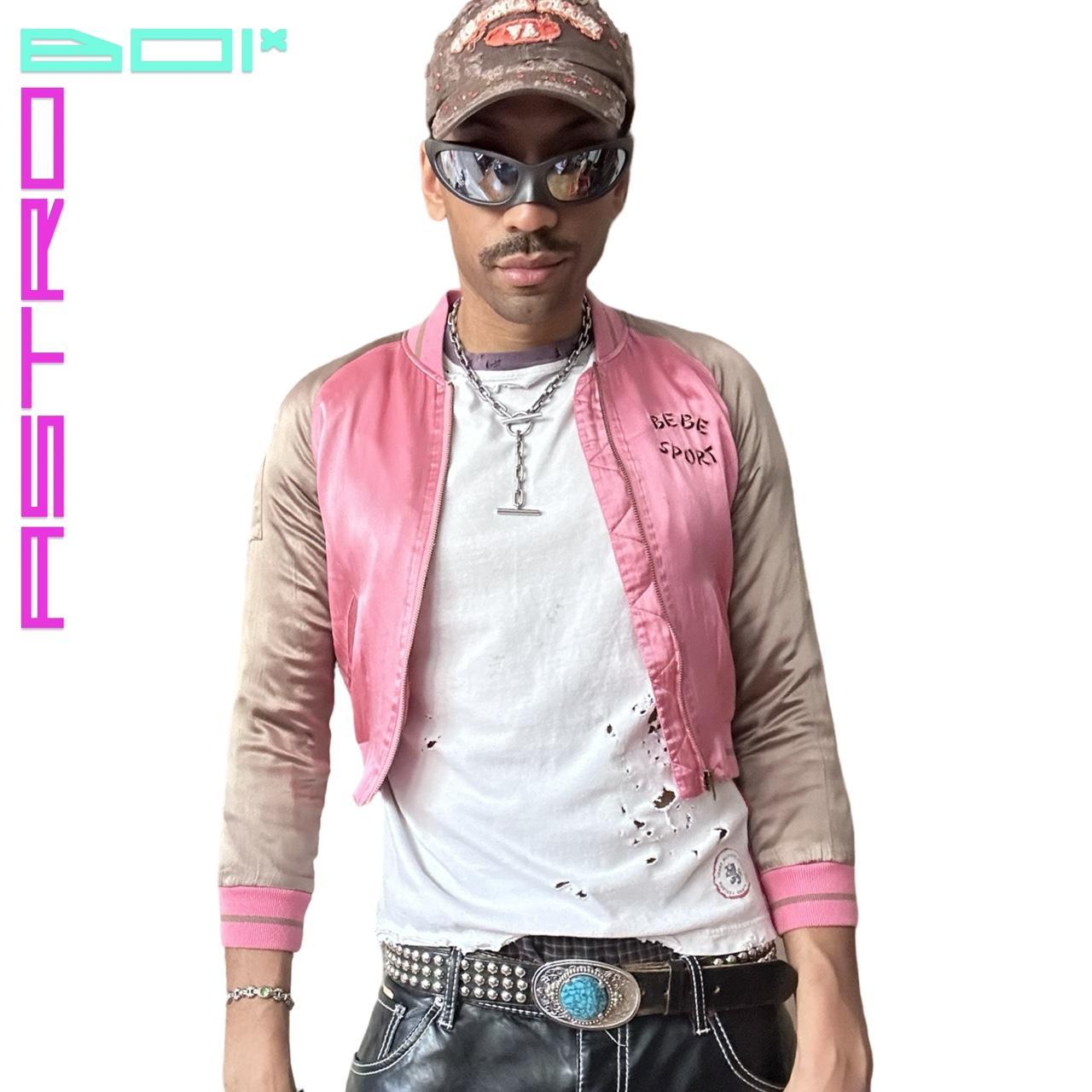 VINTAGE Y2K BEBE SPORT TAN AND PINK SILKY EMBROIDERED SOUVENIR JACKET_ SMALL