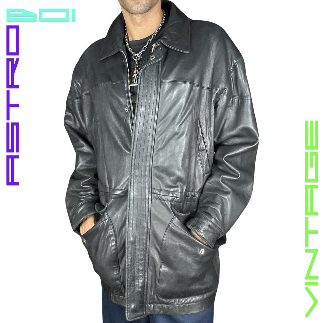 VINTAGE PHILIPPE MONET BLACK LEATHER COAT_ LARGE