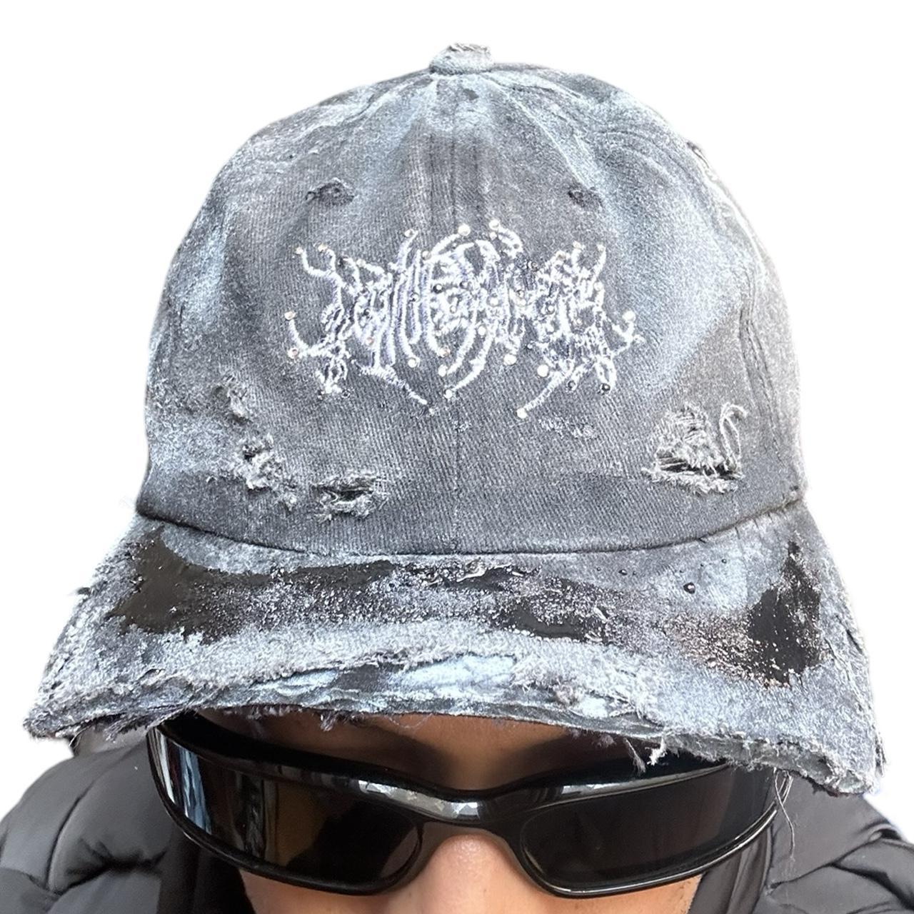ASTROBOI* 'Chalk' Black Distressed Half Visor Resin Rhinestone Hat - front close up