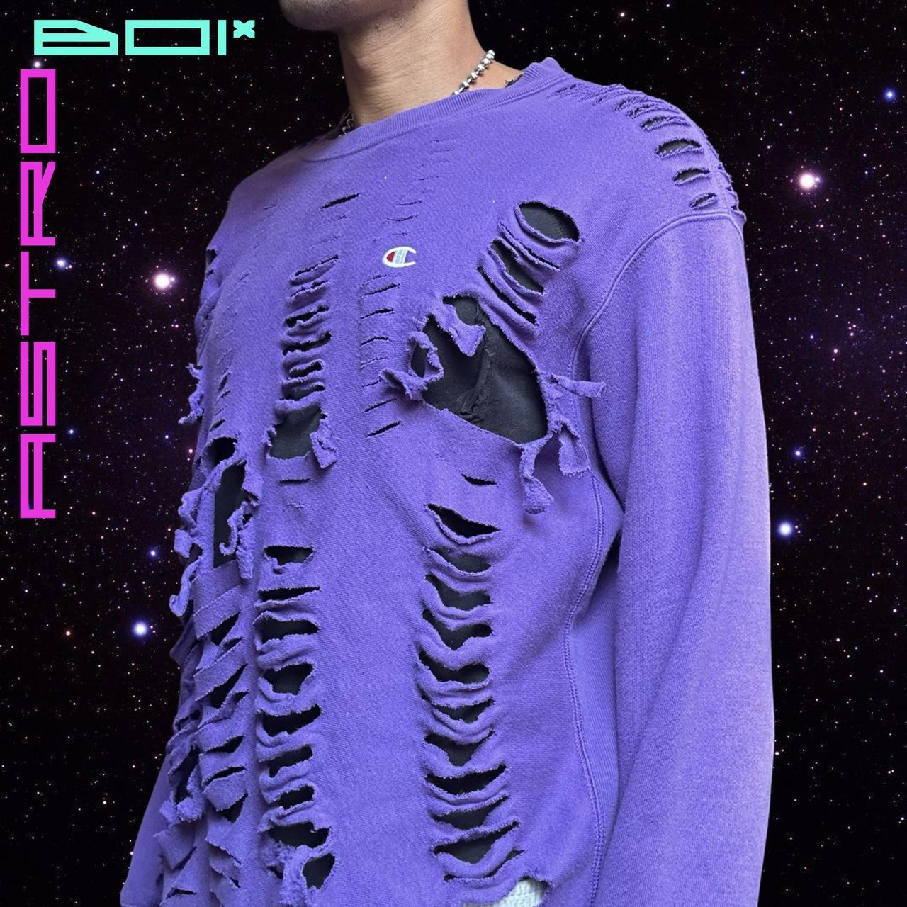 ASTROBOI* X CHAMPION PURPLE COTTON GRUNGE RIPPED SWEATSHIRT _ XL