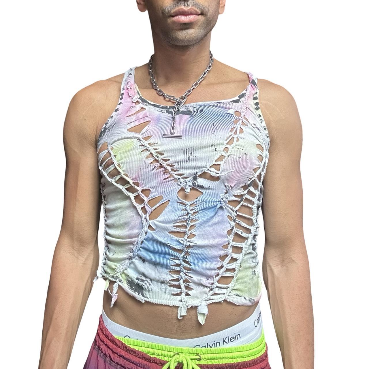 ASTROBOI* x Calvin Klein 'Technicolor' White Braided Rainbow Painted Twist Tank Top – front