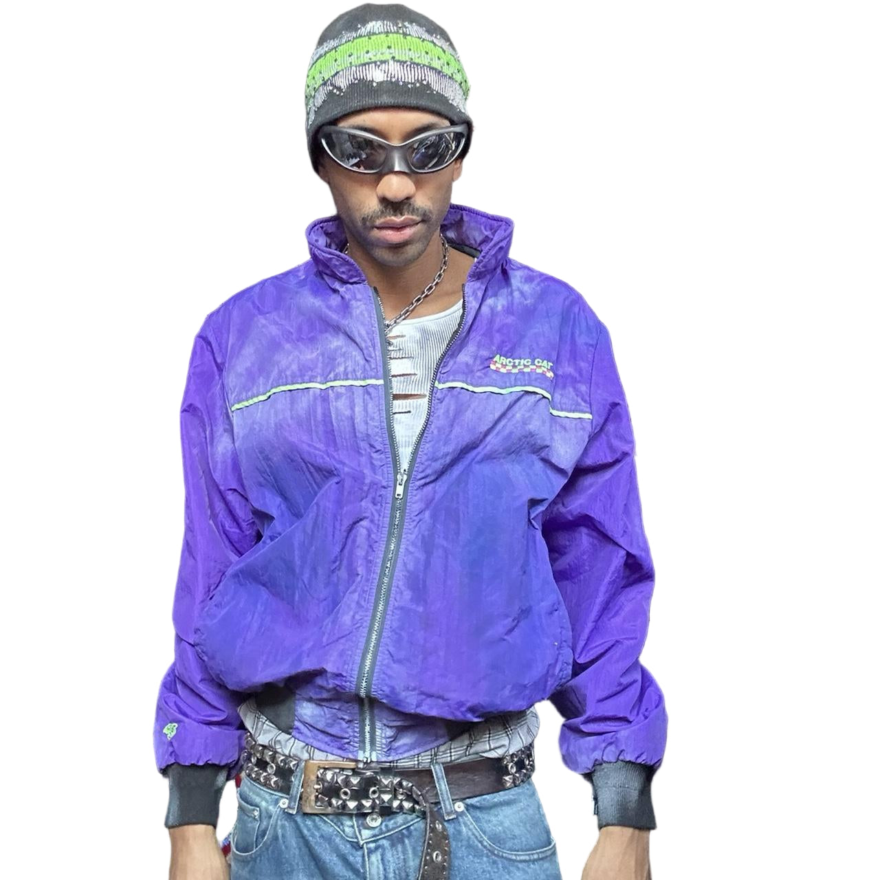 Purple Arctic Cat nylon bomber jacket with green piping, embroidered logo, and custom ASTROBOI* paint design, size XL. Styled