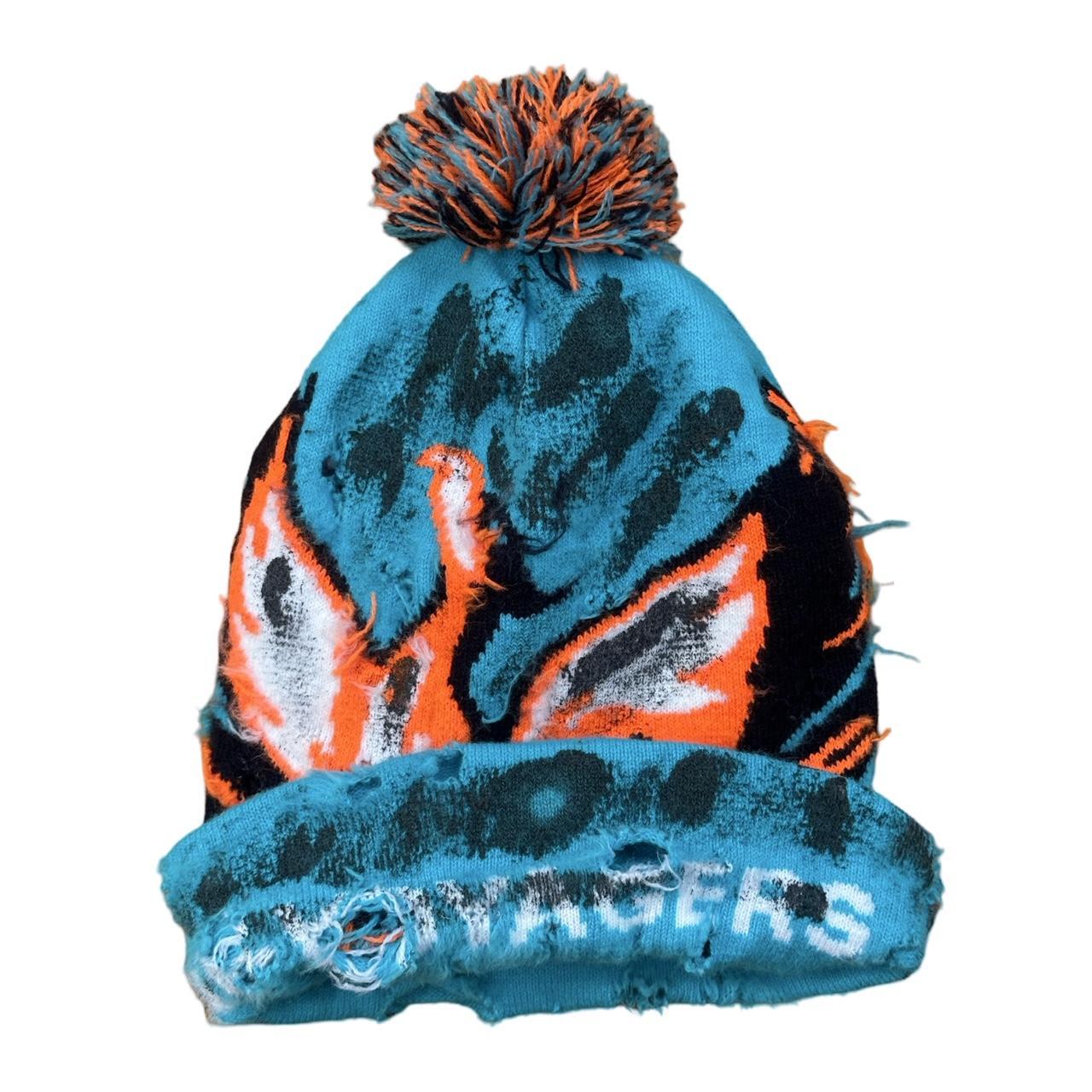 ASTROBOI* 'VOYAGER' Blue Distressed Painted Pom Pom Beanie , flat front