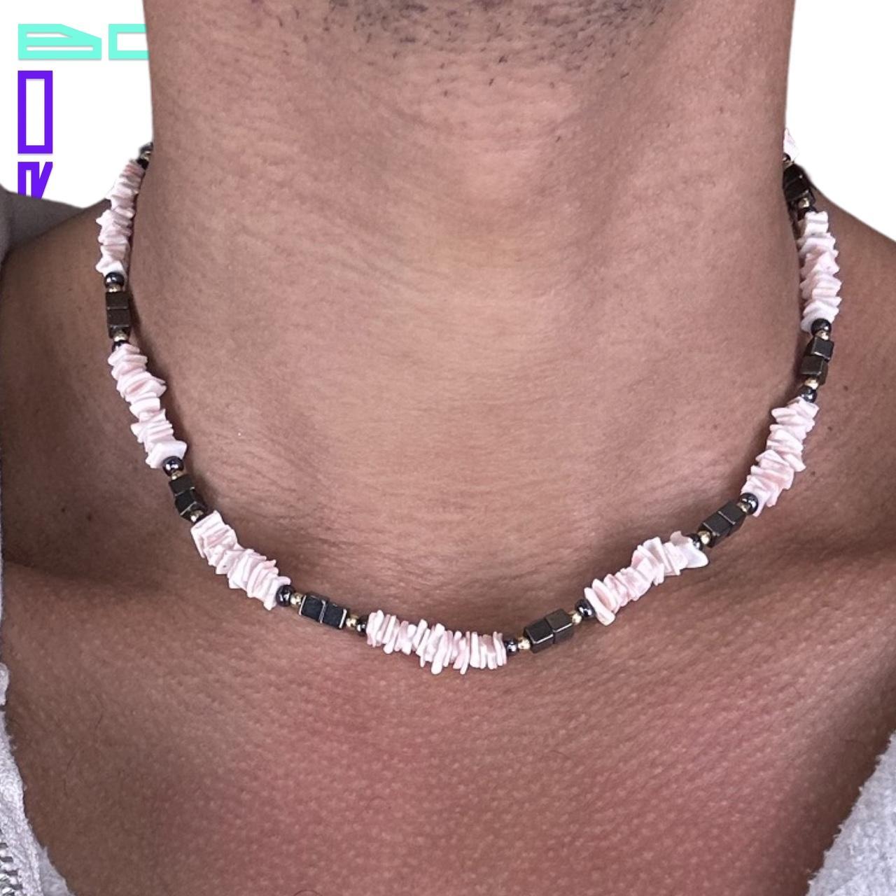 PINK AND GUNMETAL BEADED PUKA SHELL NECKLACE