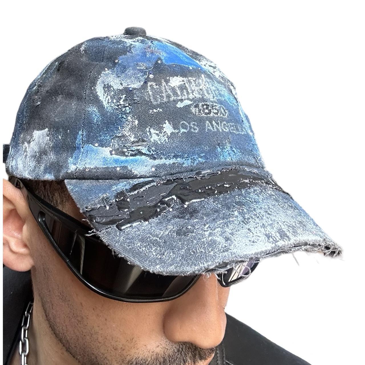 ASTROBOI* 'Cali' Black & Blue Painted Rhinestone Resin Distressed Hat - front right