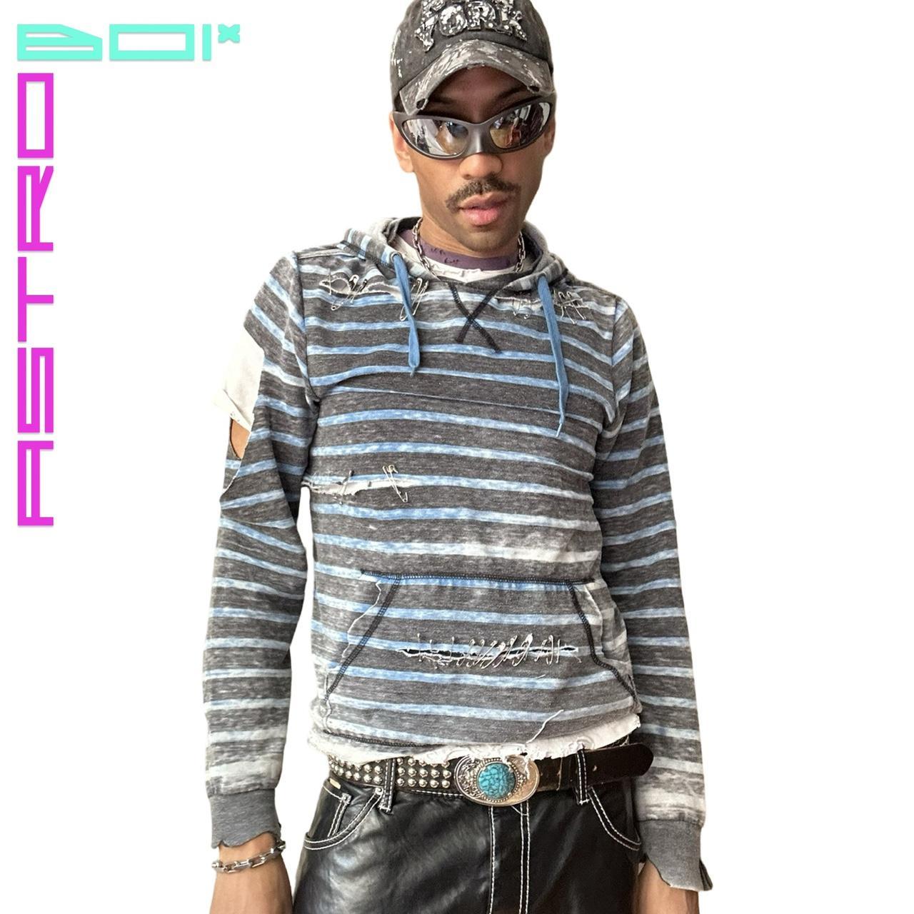 ASTROBOI* BLUE FADED STRIPE CUT OUT PUNK SUMMER HOODIE WITH SAFETY PINS