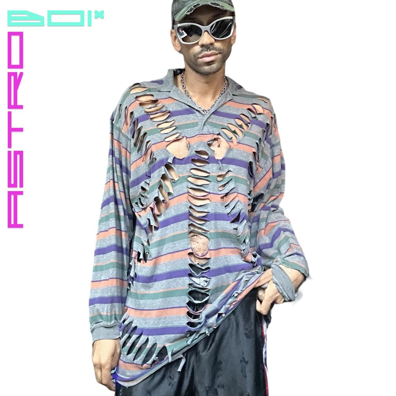 ASTROBOI* GRAY RIPPED GRUNGE STRIPED LONG SLEEVE OVERSIZED POLO SHIRT _ XL