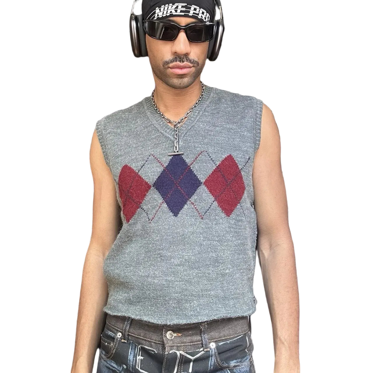 Front overview of ASTROBOI* gray cropped argyle sweater vest in size Large with burgundy and purple pattern, raw hem, and relaxed fit. Custom made in NYC.