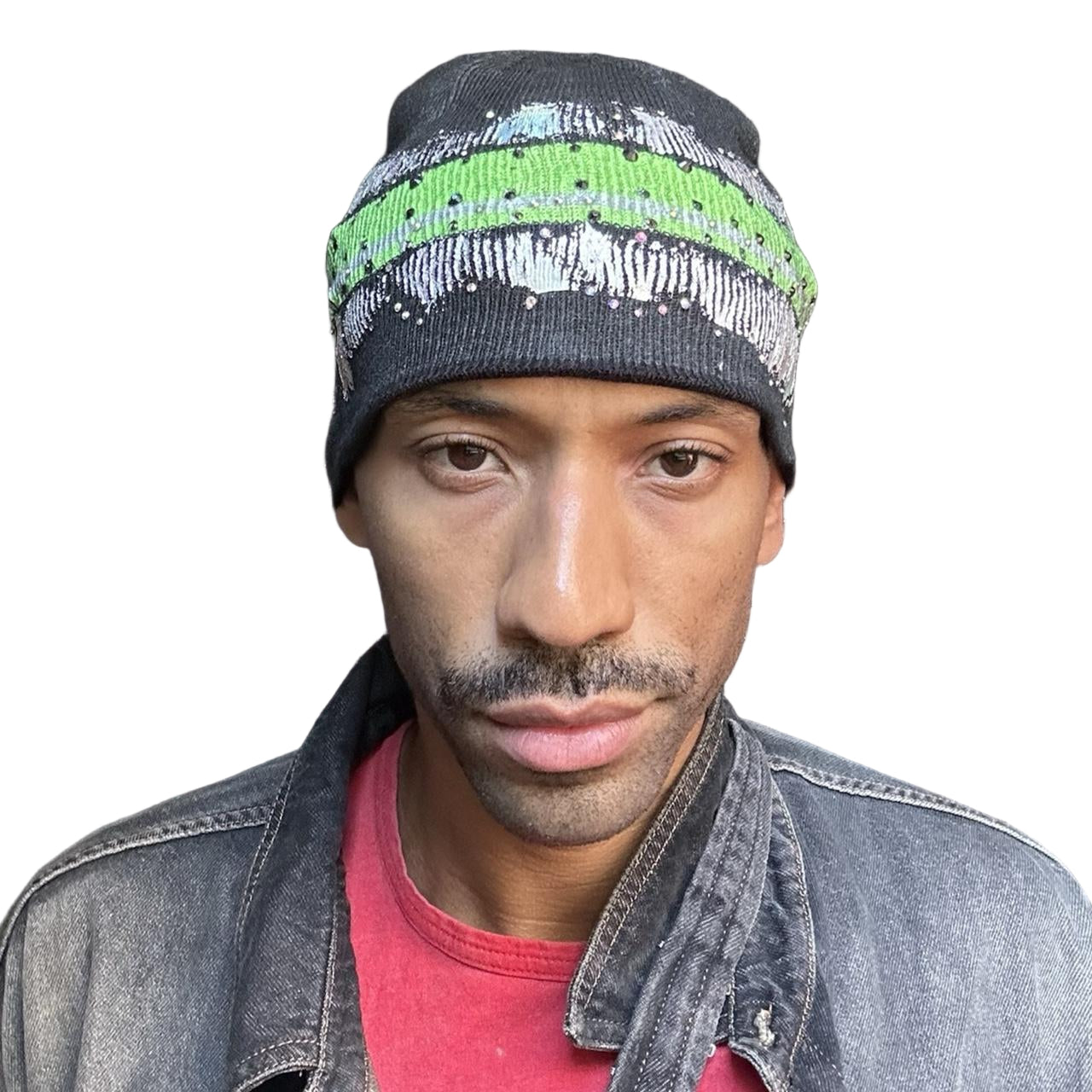 Front styled photo of ASTROBOI* grey beanie with slime green stripe, iridescent metallic paint, and multicolored rhinestones. Custom NYC-made Y2K streetwear accessory.