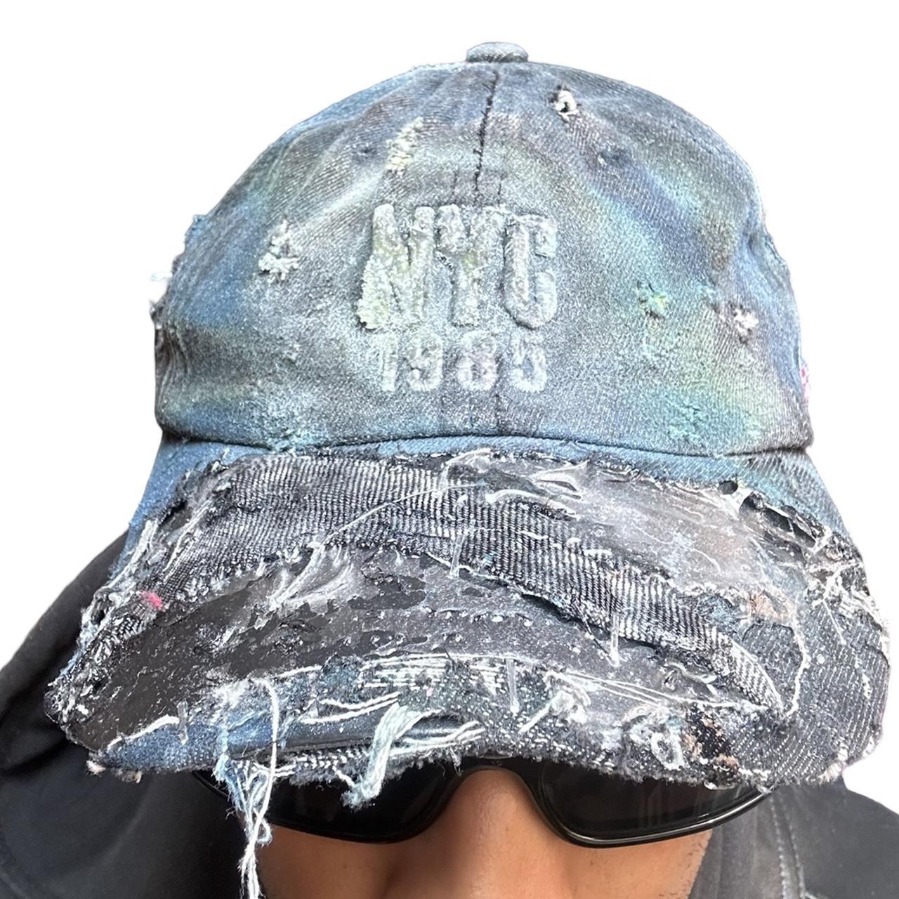 ASTROBOI* NYC Distressed & Deconstructed Black Denim Resin Hat, upclose