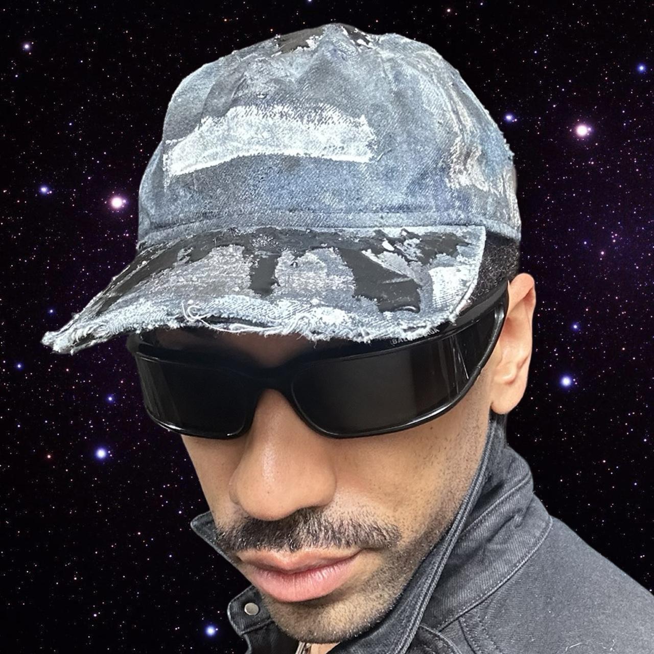 ASTROBOI* 'Denim Tar' Blue Distressed Painted Rhinestone Resin Hat - front