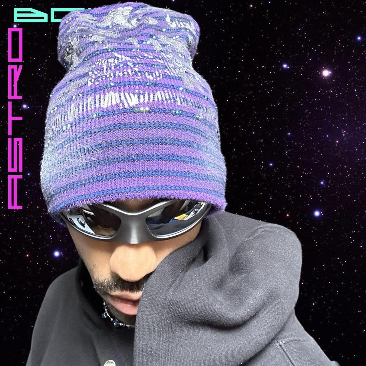 ASTROBOI* JUPITER PURPLE/BLUE STRIPED BEANIE W/ RHINESTONES