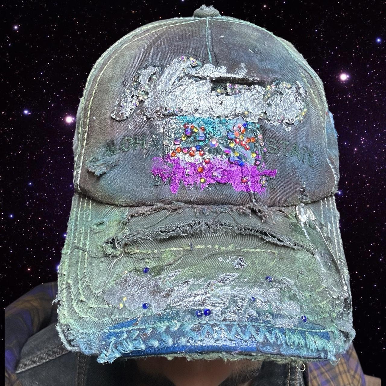 ASTROBOI* 'Hibiscus' Y2K Hawaii Distressed Rhinestone Hat , front