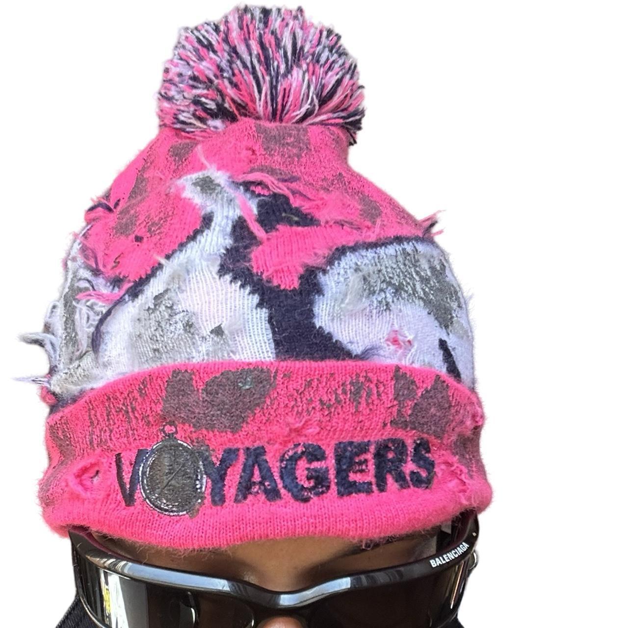 ASTROBOI* 'VOYAGER' Pink Distressed Swan Pom Pom Beanie, front