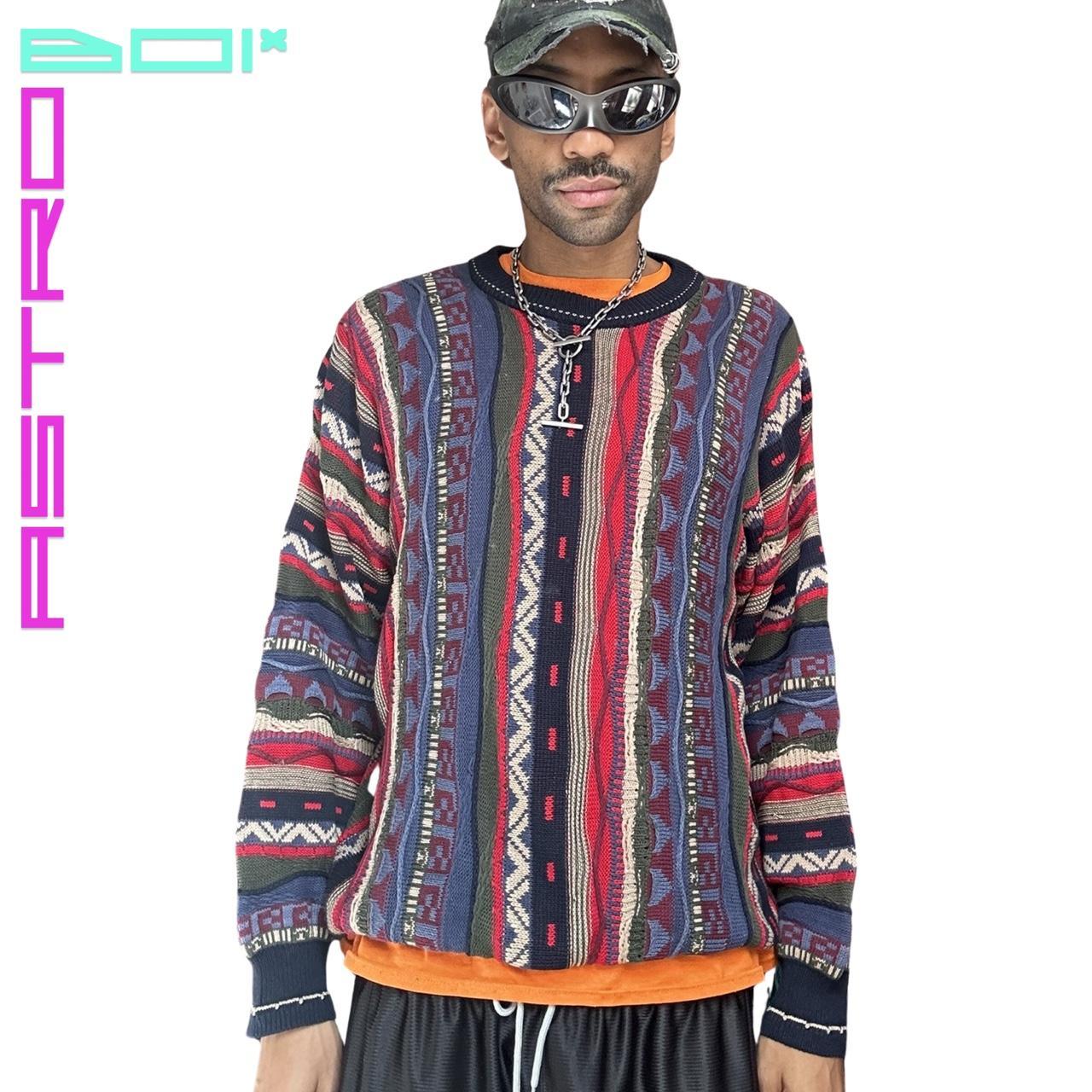 Vintage Cotton Traders Men's Blue/Red Eclectic Coogi Patterned Sweater - Large