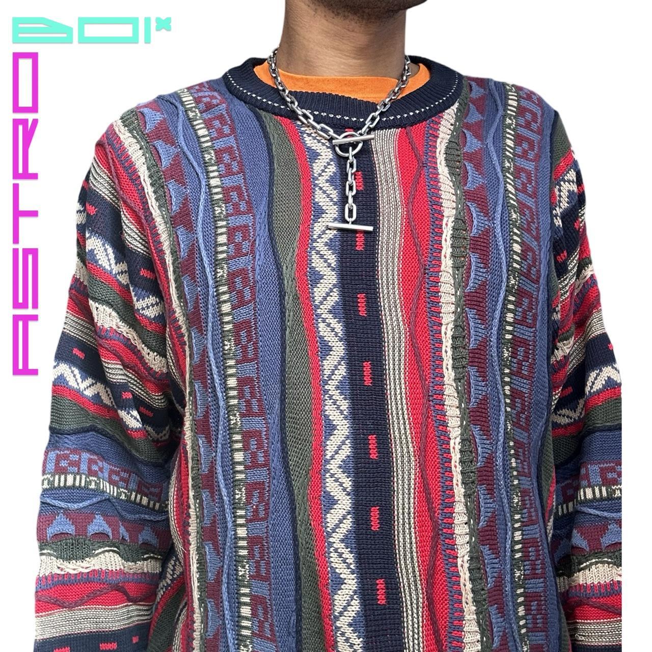 Cotton Traders Men's Blue/Red Eclectic Coogi Patterned Sweater (Front detail)