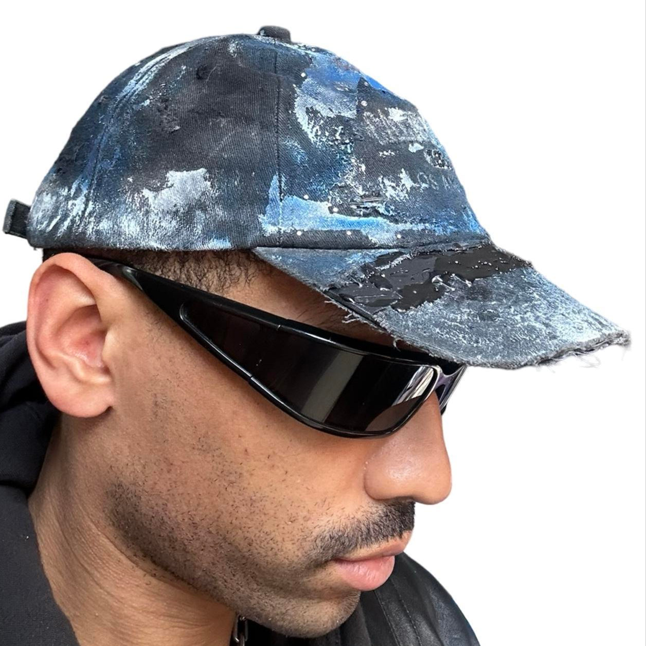ASTROBOI* 'Cali' Black & Blue Painted Rhinestone Resin Distressed Hat - right