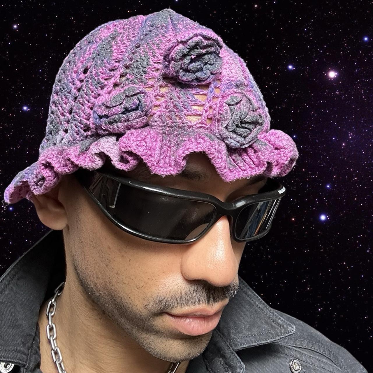 ASTROBOI Pink Hand-Knit Floral Frill Beanie - front right