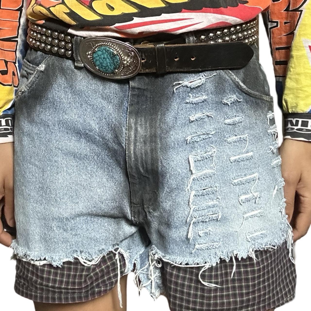 ASTROBOI* RIPPED CUT OFF BLACK & BLUE DENIM SHORTS _ 36"