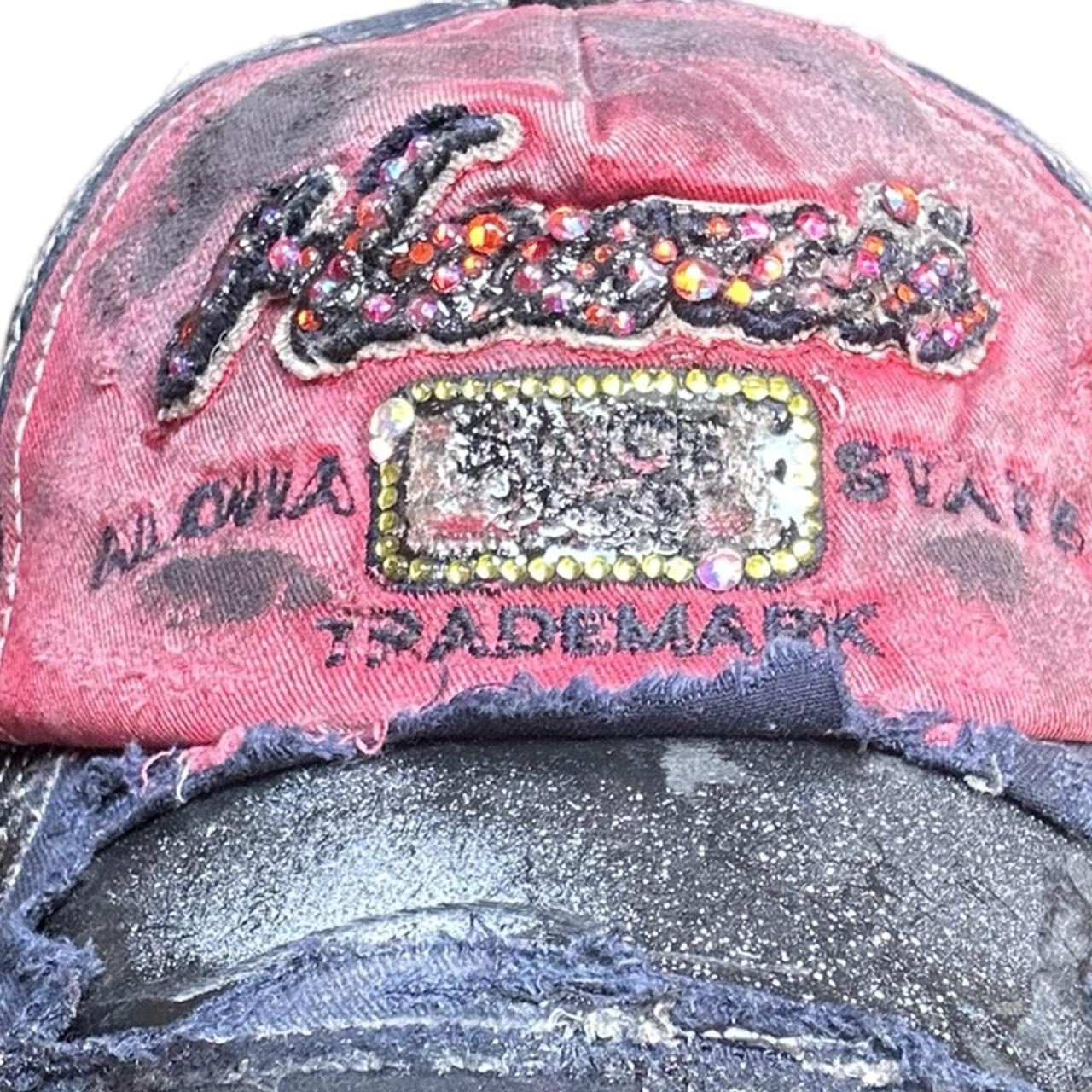 ASTROBOI* 'Hawaii' Y2K Red/Blue Rhinestone Hat, close up