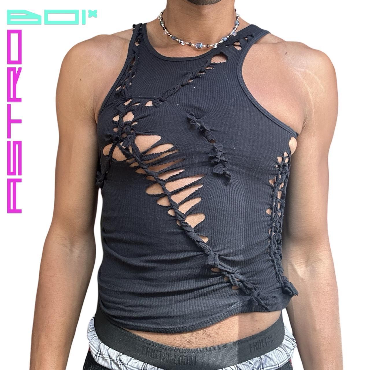 ASTROBOI* x Gildan 'Octavos' Black Asymmetric Braided Twist Tank Top - mens front