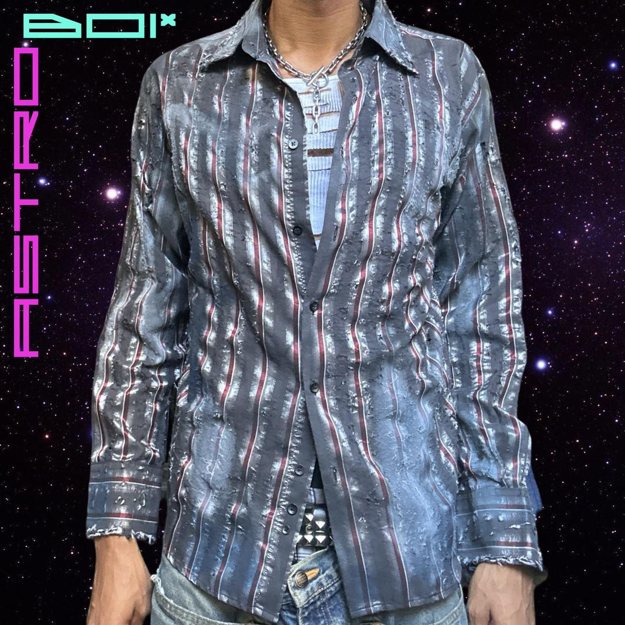 ASTROBOI* SILVER STRIPED DISTRESSED AIRBRUSHED BUTTON UP SHIRT_ XL