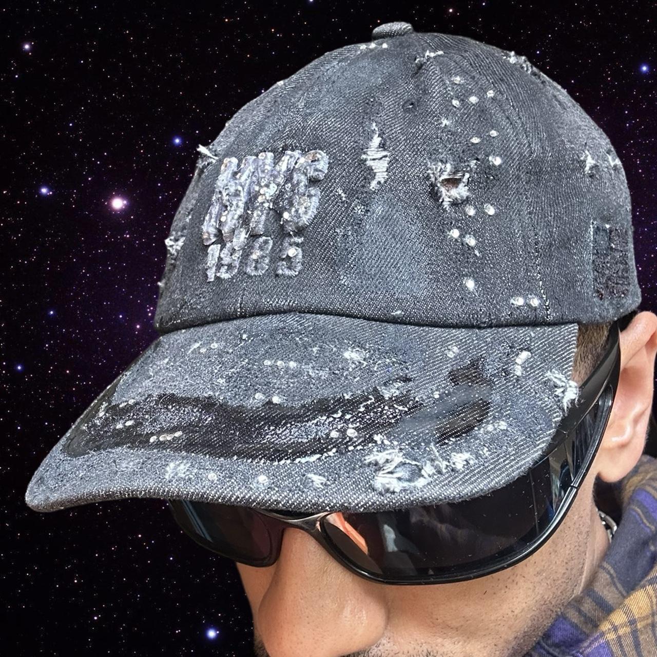ASTROBOI* New York Black Distressed Denim Resin & Rhinestone Hat - front left
