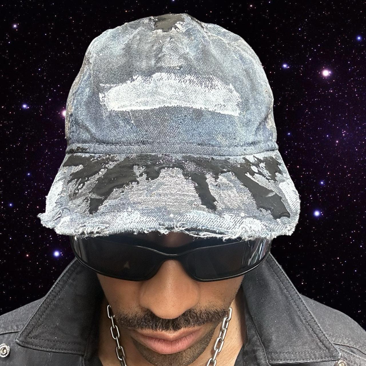 ASTROBOI* 'Denim Tar' Blue Distressed Painted Rhinestone Resin Hat - front 2