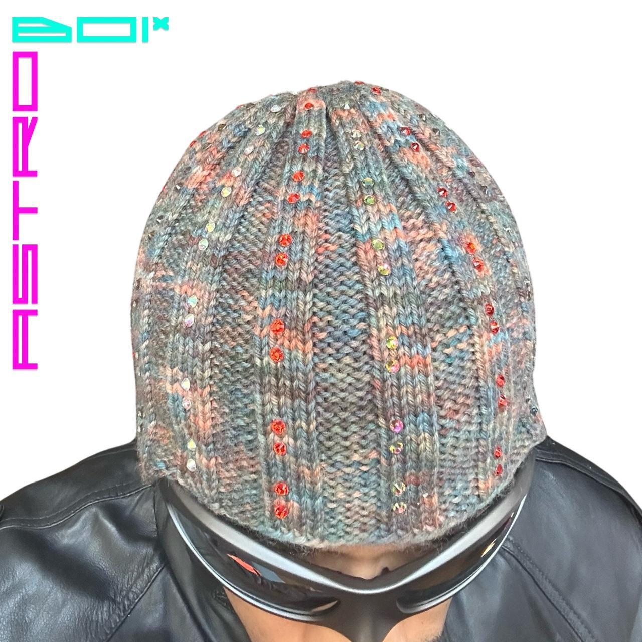 ASTROBOI* Olive Green Marbled Ribbed Beanie w/ Rhinestones