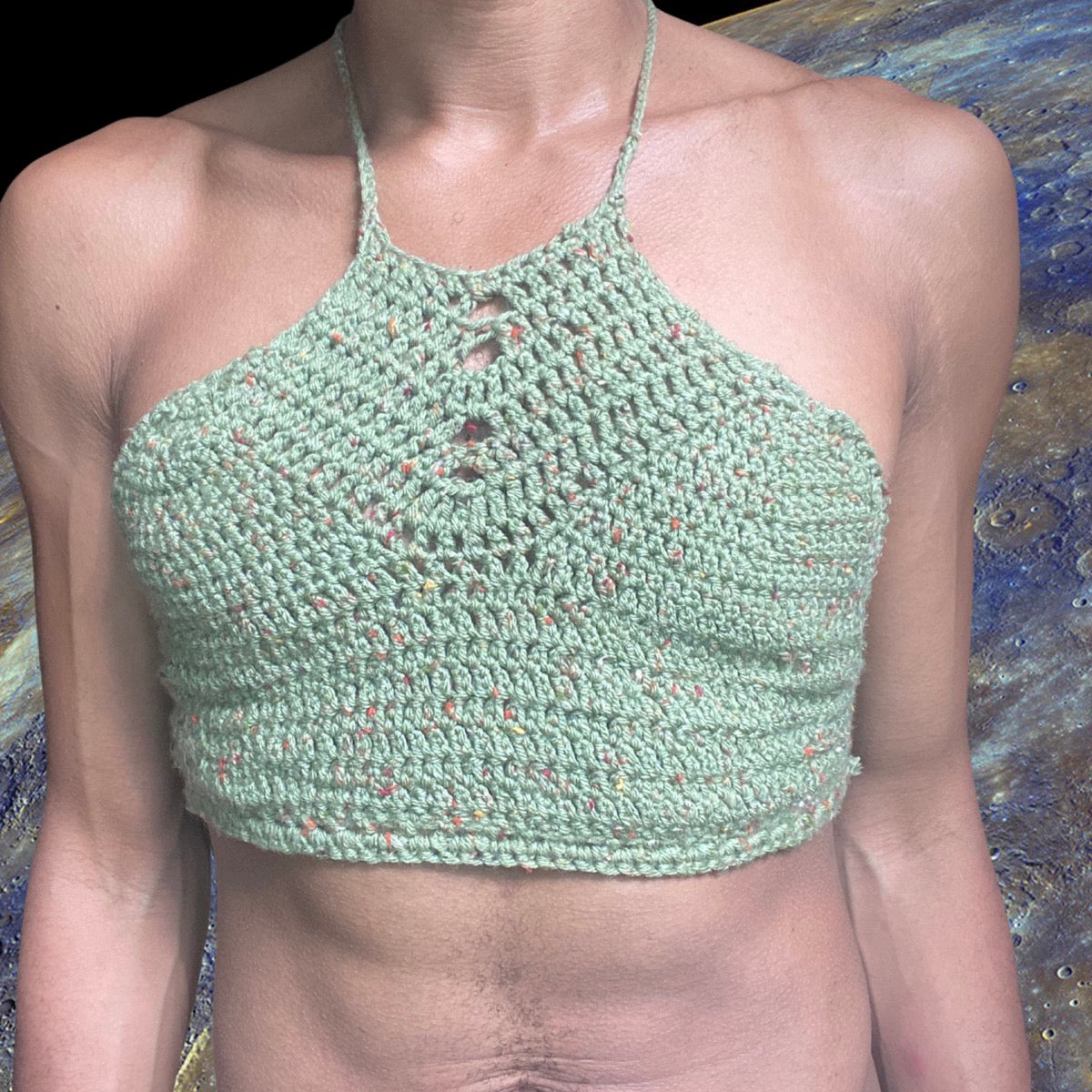 GREEN CROTCHET HALTER TOP