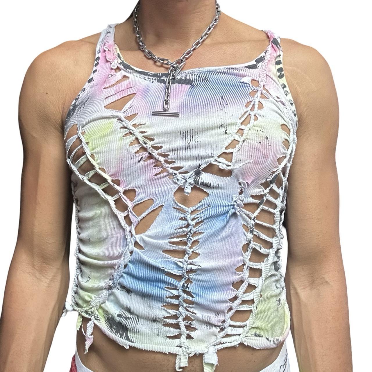 ASTROBOI* x Calvin Klein 'Technicolor' White Braided Rainbow Painted Twist Tank Top – close up